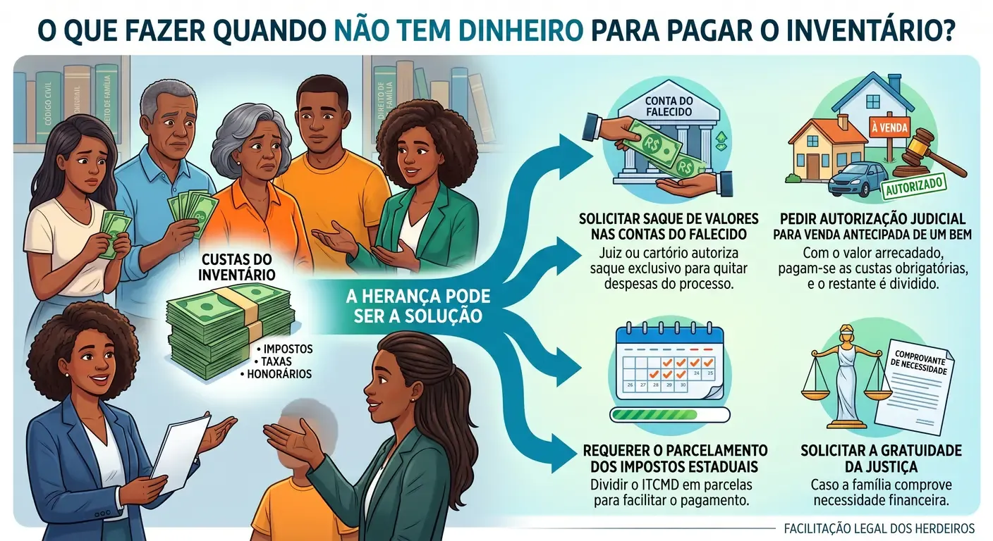 Família discute como pagar inventário sem dinheiro, com opções de herança.