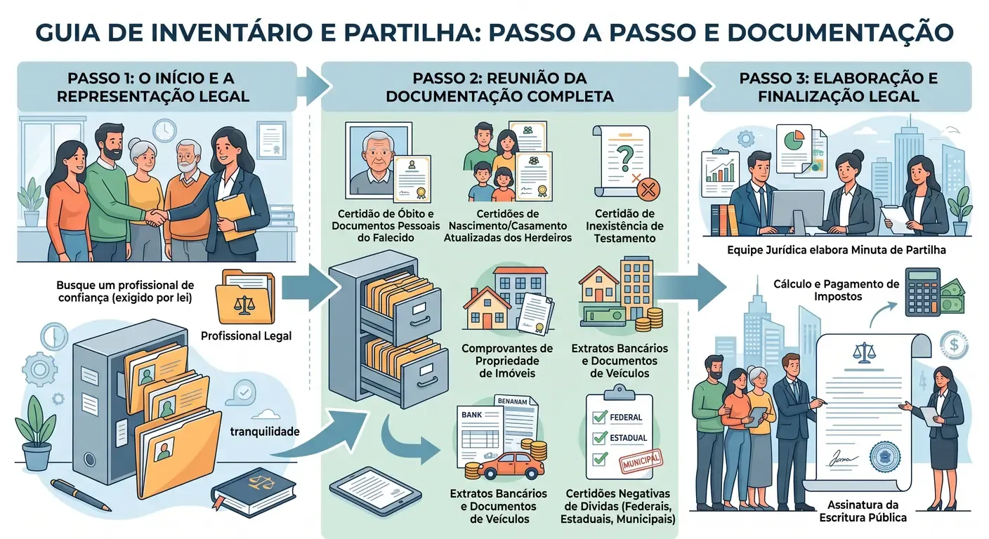 Guia visual do inventário em cartório, com etapas e documentação necessária.