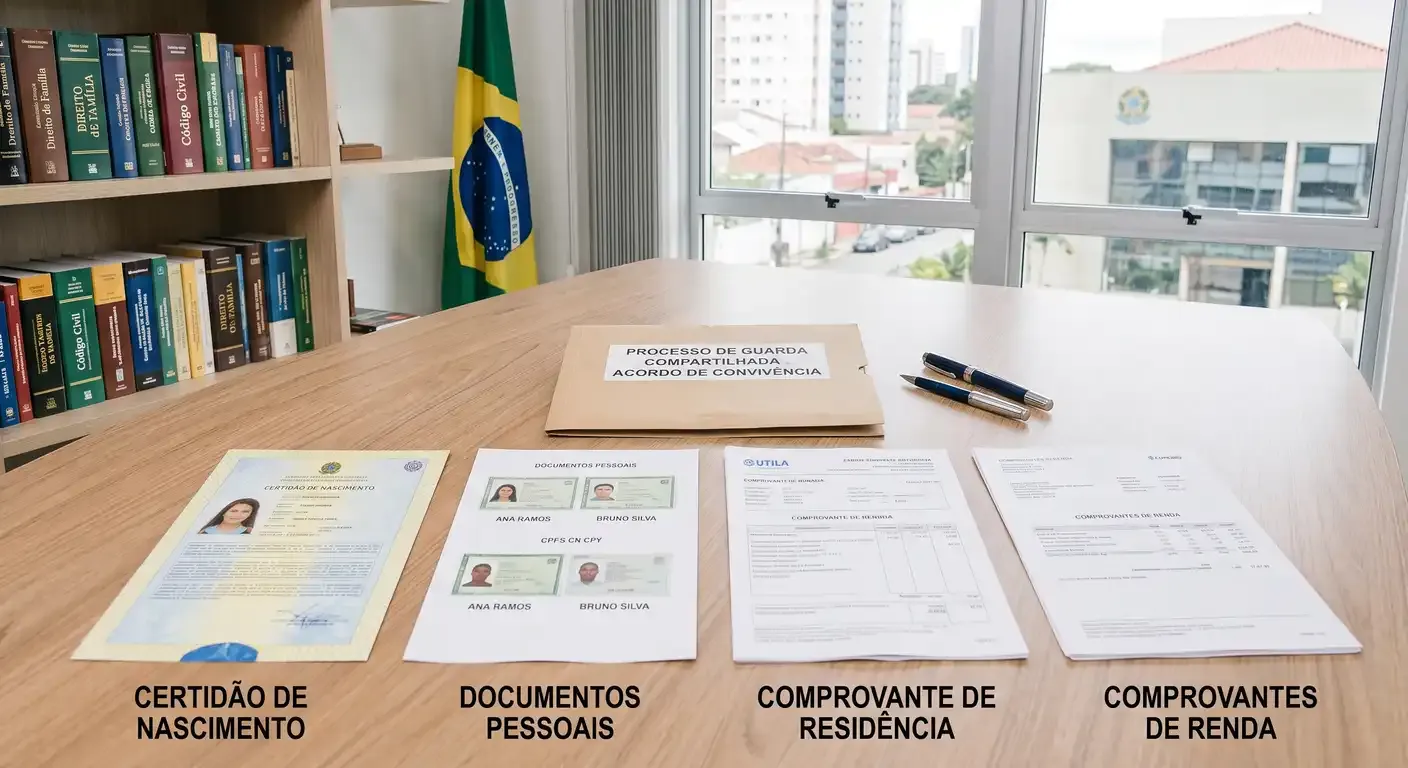 Envelope com processo de guarda compartilhada e documentos em mesa de escritório.