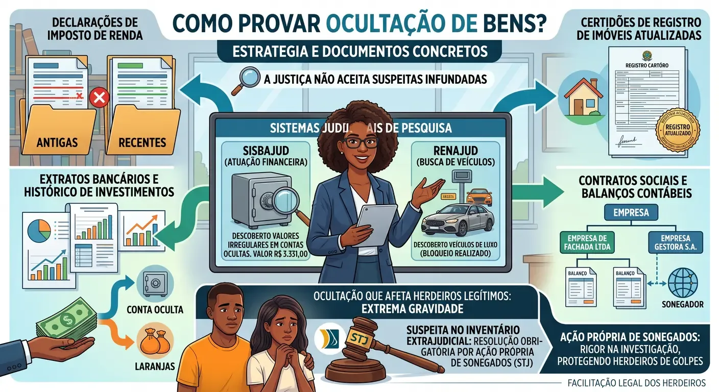 Ilustração mostra como provar sobrepartilha de bens ocultos com documentos e sistemas.