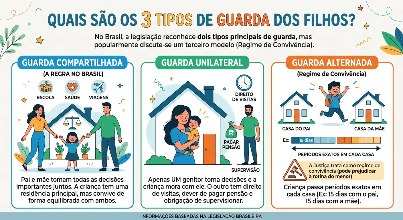 Ilustração dos 3 tipos de guarda e quando o pai pode pedir a guarda do filho.