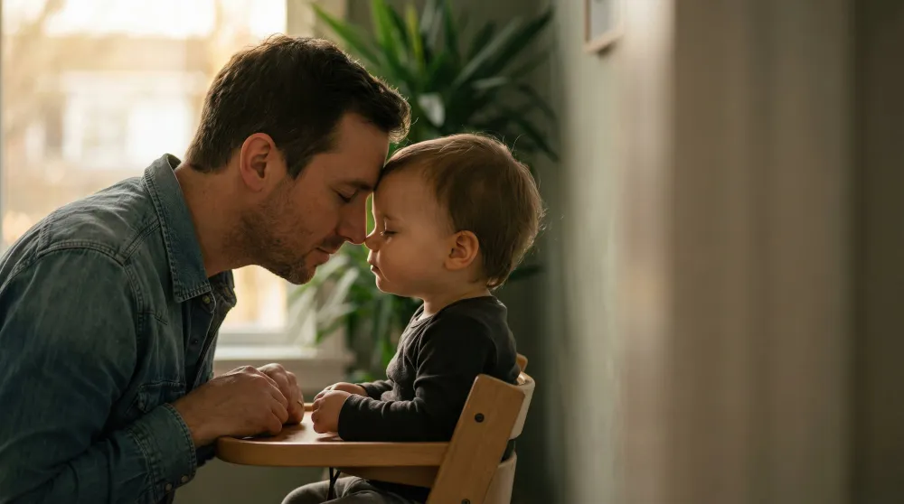 Pai e filho com testas unidas, discutindo quando o pai pode pedir a guarda do filho.