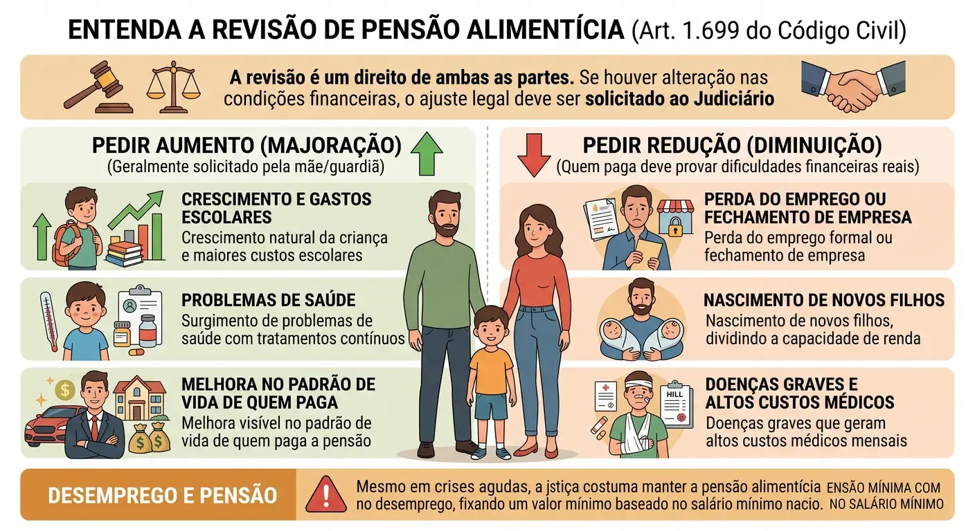 Ilustração explica motivos para revisão de pensão alimentícia e seus impactos.
